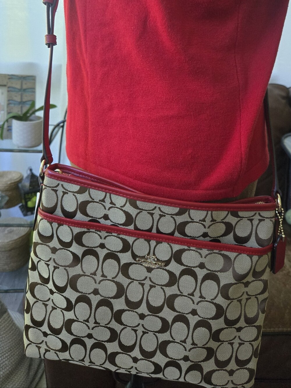 Coach Khaki/Classic Red Signature Crossbody Y2K File Bag